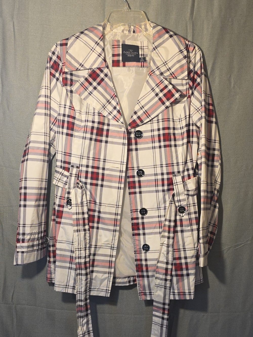Faded Glory Women's White Plaid Trench Coat with Red and Navy Accents